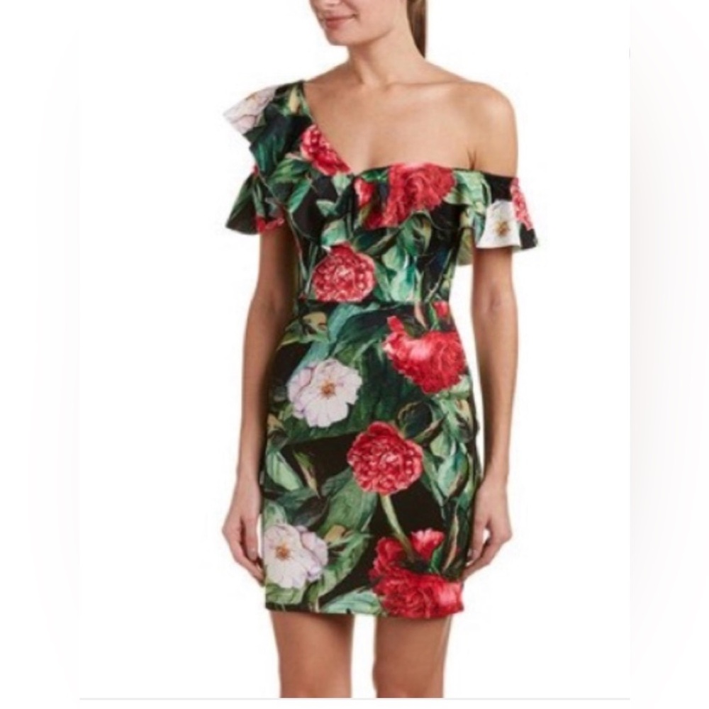 Vintage Alexia Admor Red and Green Floral One-Shoulder Dress